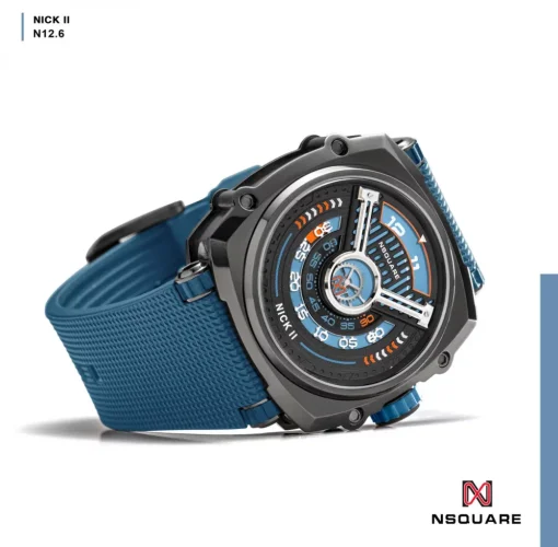 Zwart herenhorloge van Nsquare met rubberen band NSQUARE NICK II Black / Blue 45MM Automatic