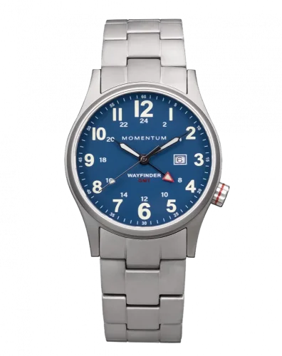 Zilverkleurig herenhorloge van Momentum Watches met stalen riem band Wayfinder GMT Blue 40MM
