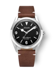 Stříbrné pánské hodinky Nivada Grenchen s koženým páskem Super Antarctic 3.6.9 Black No Vintage Effect 32039A14 38MM Automatic