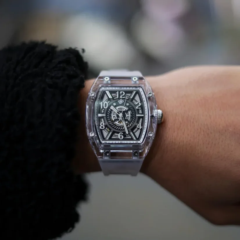Stříbrné pánské hodinky Ralph Christian s gumovým páskem The Ghost - Transparent White Automatic 43MM