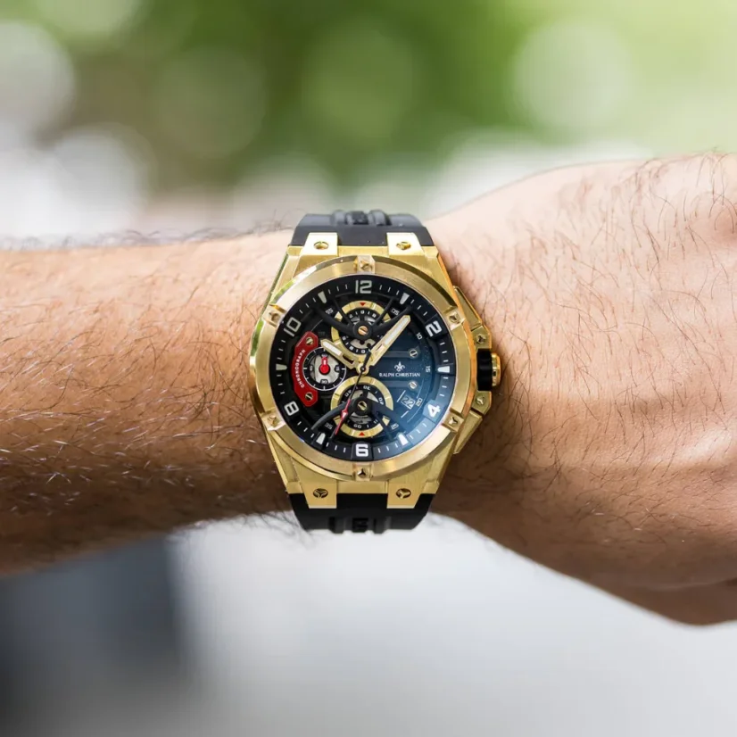 Zlaté pánské hodinky Ralph Christian s gumovým páskem The Apex Chrono - Luxe Black 46MM