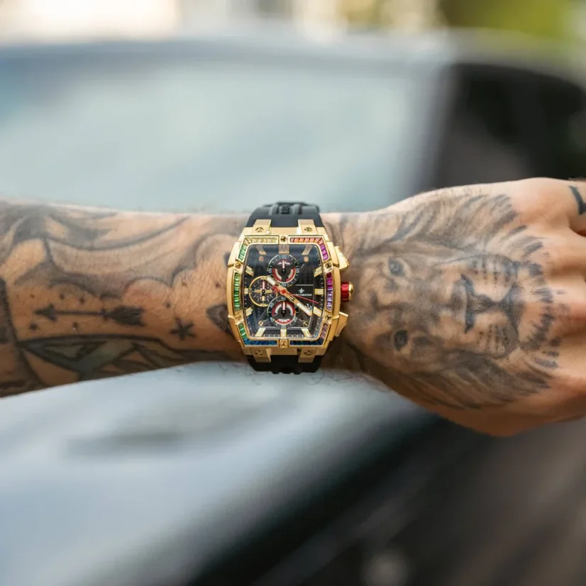 Zlaté pánské hodinky Ralph Christian s gumovým páskem The Polaris Chrono Ice - Midnight Radiance 42,5MM