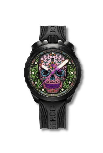 Čierne pánske hodinky Bomberg Watches s gumovým pásikom SUGAR SKULL PURPLE 45MM