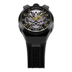 Černé pánské hodinky Bomberg s gumovým páskem CHRONO SKULL THROWBACK EDITION - ALL BLACK 44MM Automatic