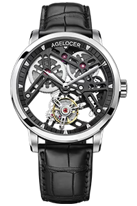 Stříbrné pánské hodinky Agelocer s koženým páskem Tourbillon Series Silver / Black 40MM