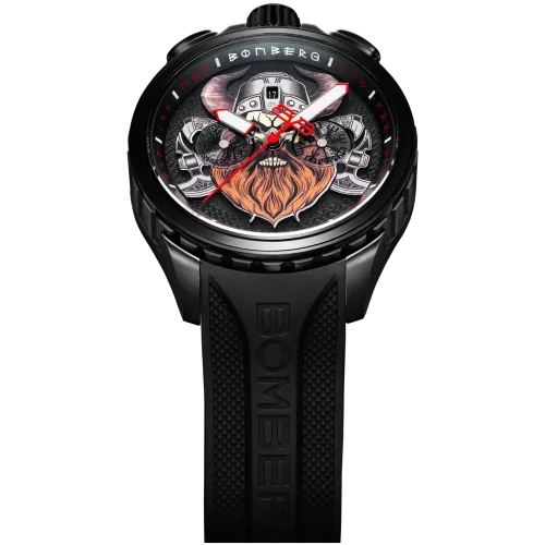 Czarny męski zegarek Bomberg Watches z gumowym paskiem VIKING Red 45MM