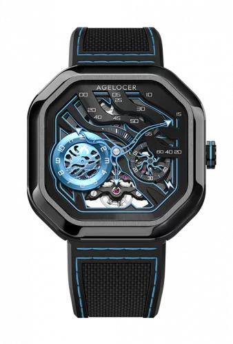 Montre Agelocer Watches pour homme en noir avec bracelet en caoutchouc Volcano Series Black / Blue 44.5MM Automatic