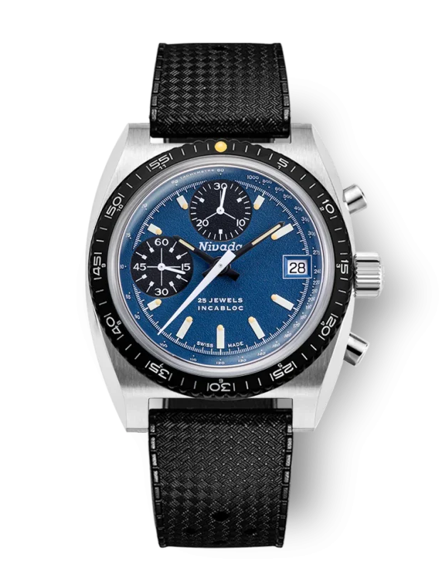 Men's silver Nivada Grenchen watch with rubber strap CHRONOSPORT Blue 77003A01 38MM Automatic