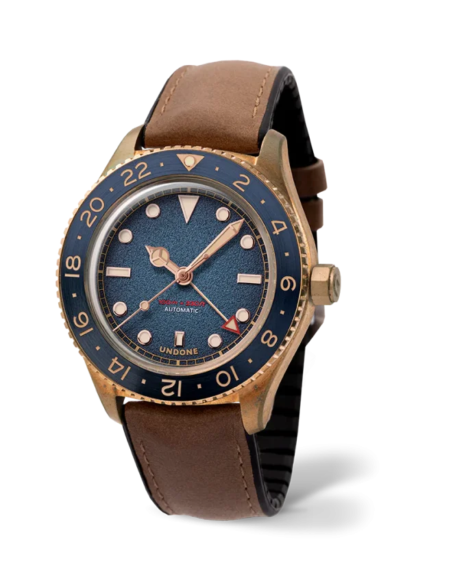 Gouden herenhorloge van Undone Watches met leren riem Basecamp Quest 40MM Automatic