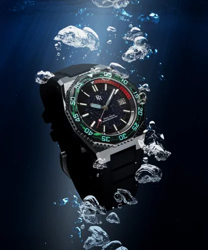 Stříbrné pánské hodinky Paul Rich s gumovým páskem Aquacarbon Pro Midnight Silver - Aventurine 43MM Automatic