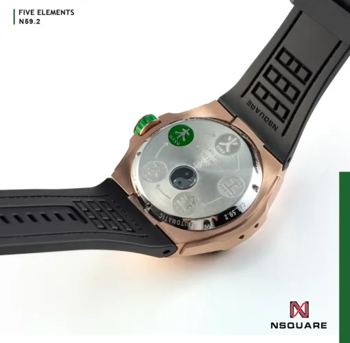 Zlaté pánske hodinky Nsquare s gumovým opaskom FIVE ELEMENTS Gold / Green 46MM Automatic