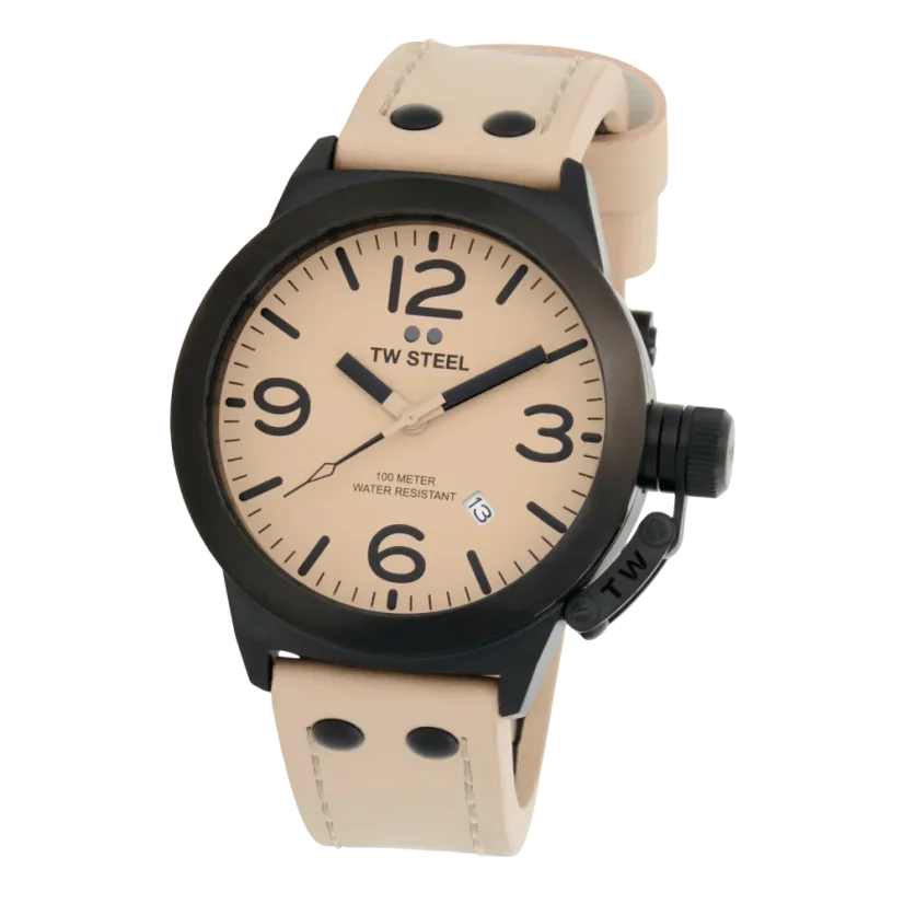 Černé pánské hodinky TW Steel s koženým páskem Canteen CS114 45MM Automatic