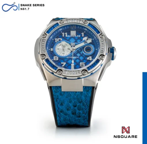 Relógio Nsquare bracelete de prata com pele para homem SnakeQueen Silver / Blue 46MM Automatic