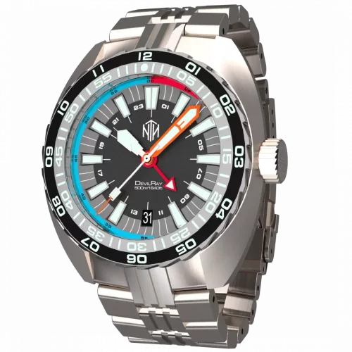 Ασημένιο ρολόι NTH Watches για άντρες με ιμάντα από χάλυβα DevilRay GMT With Date - Silver / Black Automatic 43MM