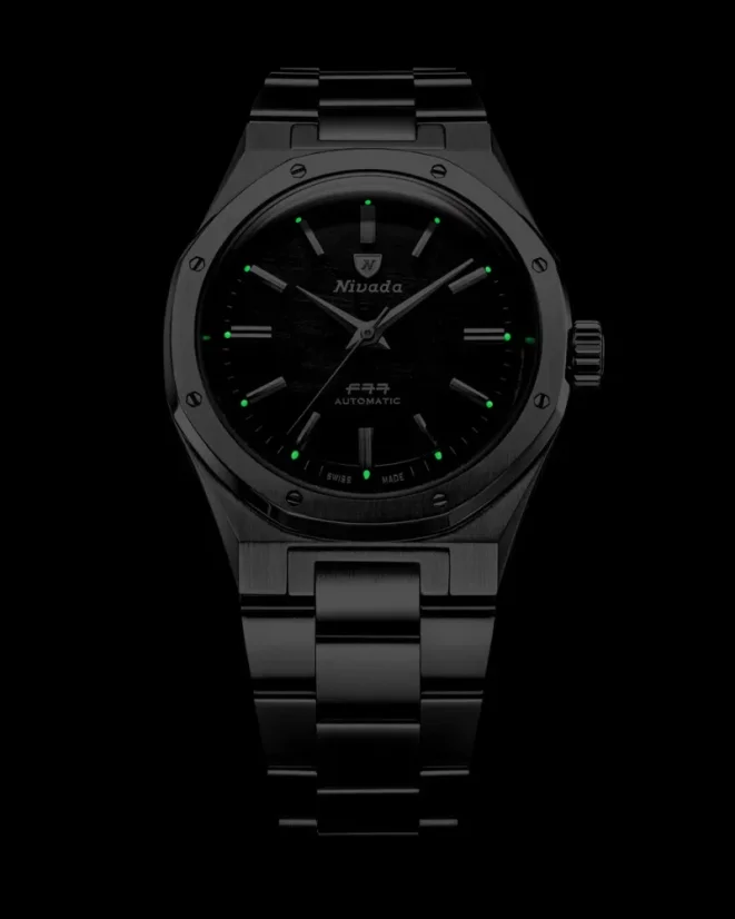 Men's silver Nivada Grenchen watch with steel strap F77 SST METEORITE MK2 68049A77 No Date 38MM Automatic