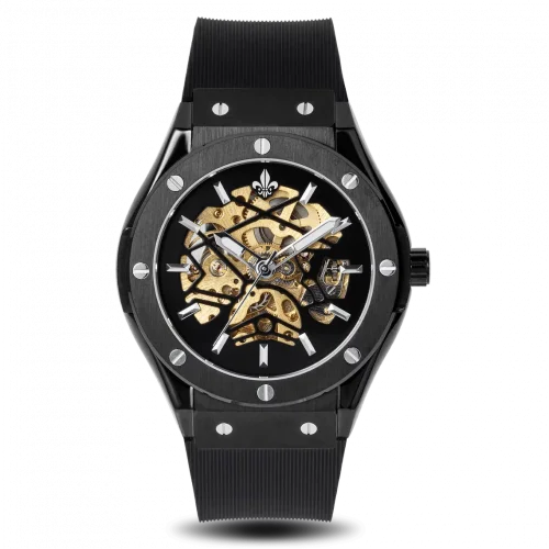 Čierne pánske hodinky Ralph Christian s gumovým pásikom Prague Skeleton Deluxe - Black Automatic 44MM