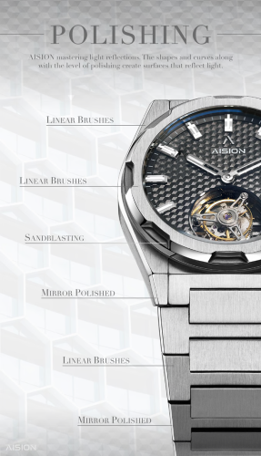 Men's silver Aisiondesign Watch with steel strap Tourbillon Hexagonal Pyramid Seamless Dial - Gunmetal 41MM
