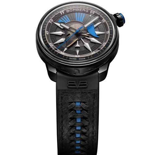 Czarny męski zegarek Bomberg Watches ze skórzanym paskiem AUTOMATIC SPARTAN BLUE 43MM Automatic