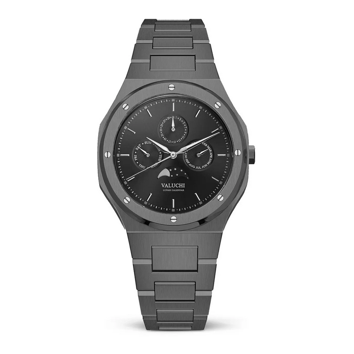 Men's black Valuchi watch with steel strap Lunar Calendar - Gunmetal Black Automatic 40MM