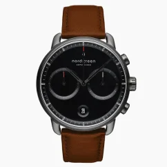 Men's black Nordgreen watch with leather strap Pioneer Black Dial - Brown Leather / Gun Metal 42MM