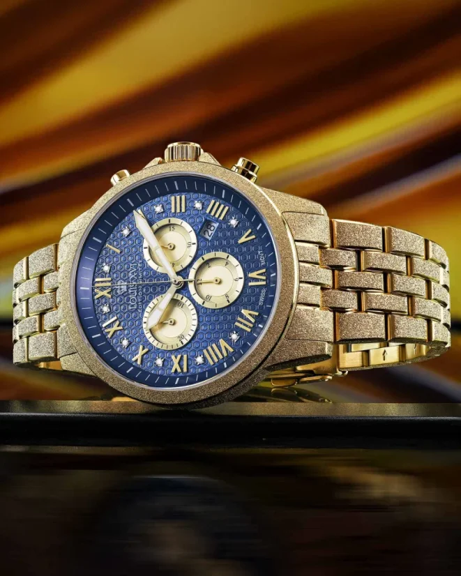 Zlaté pánské hodinky Louis XVI s ocelovým páskem Frosted Aramis 2.0 With Diamonds - 3602 Gold 43MM