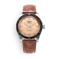 Men's silver Vulcain watch with leather strap Skindiver Nautique - Brown - BROWN CALF SKIN LEATHER ALLIGATOR-PRINTED 44,5MM Automatic
