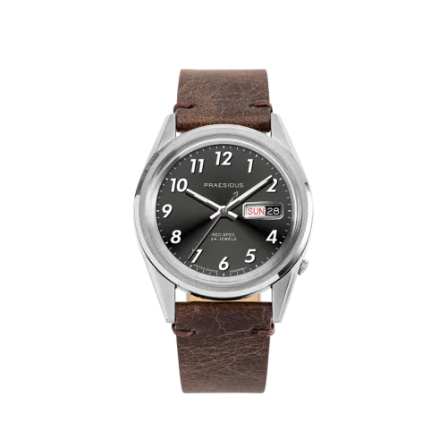 Męski srebrny zegarek Praesidus ze skórzanym paskiem Rec Spec - White Sunray Brown Leather 38MM Automatic