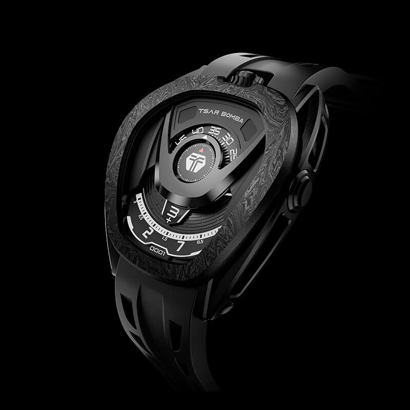 Men's black Tsar Bomba Watch with a rubber band TB8213 - All Black Automatic 44MM