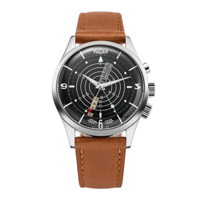 Men's silver Vulcain watch with leather strap Nautical Heritage Black White Luminova Steel Triple Caseback - Brown Plain 42MM Automatic