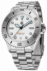 Stříbrné pánské hodinky NTH Watches s ocelovým páskem Barracuda With Date - Polar White Automatic 40MM