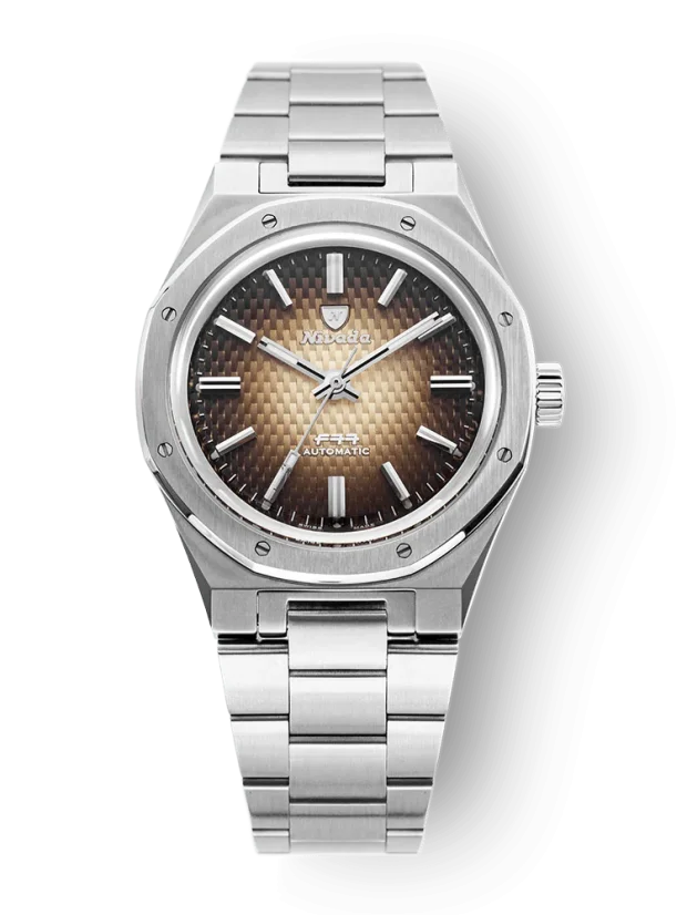 Stříbrné pánské hodinky Nivada Grenchen s ocelový páskem F77 Brown Smoked No Date 68002A77 37MM Automatic