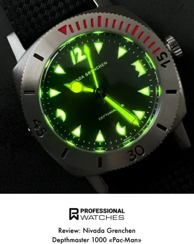 Strieborné pánske hodinky Nivada Grenchen s gumovým opaskom Pacman Depthmaster 14106A01 39MM Automatic