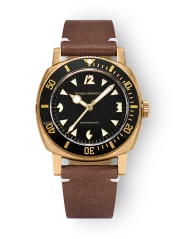 Men's gold Nivada Grenchen watch with leather strap Pacman Depthmaster Bronze 14123A14 Brown Leather White 39MM Automatic