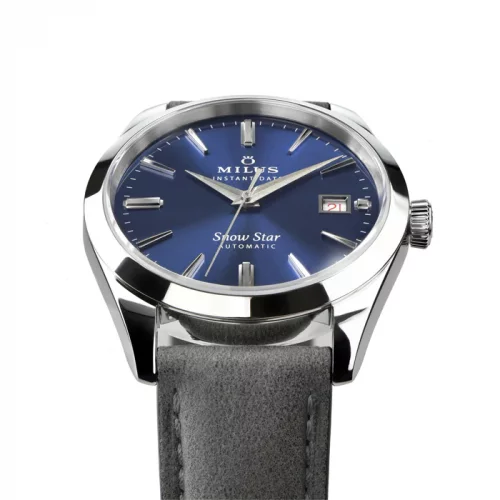 Strieborné pánske hodinky Milus Watches s koženým pásikom Snow Star Ice Blue 39MM Automatic
