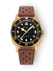 Men's gold Nivada Grenchen watch with leather strap Depthmaster Bronze 14123A23 Brown Racing Leather 39MM Automatic