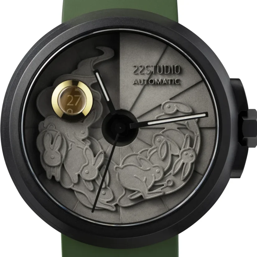 Czarny zegarek męski 22Designstudio Watches z gumowym paskiem Rabbit Moss green 45MM Automatic