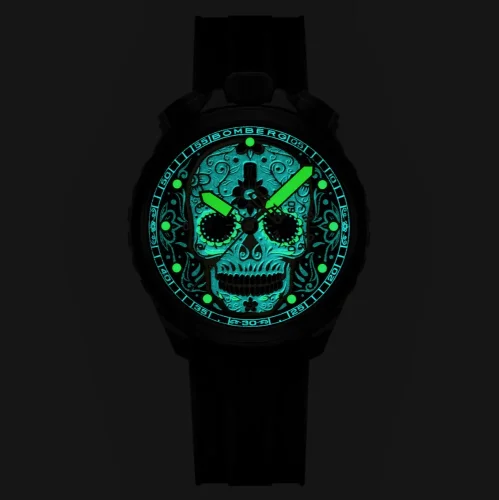 Čierne pánske hodinky Bomberg Watches s gumovým pásikom SUGAR SKULL GOLDEN 45MM