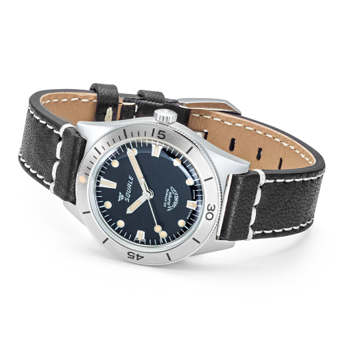 Men's silver Squale watch with leather strap Super-Squale Sunray Black Leather - Silver 38MM Automatic