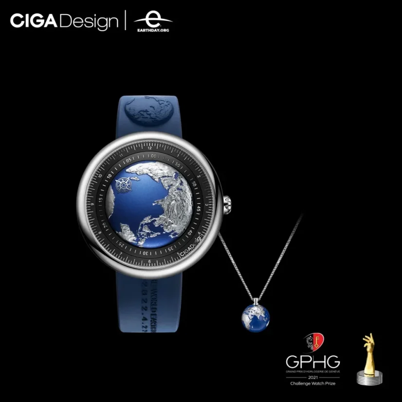 Strieborné pánske hodinky CIGA Design s gumovým opaskom U Blue Planet Steel 46MM Automatic