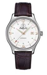 Męski srebrny zegarek Delbana Watches ze skórzanym paskiem Della Balda White / Brown 40MM Automatic