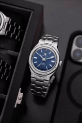 Męski srebrny zegarek Nivada Grenchen ze stalowym paskiem F77 Blue No Date 68001A77 37MM Automatic