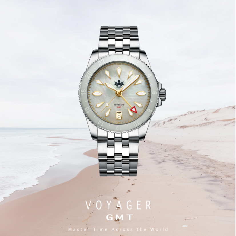 Strieborné pánske hodinky Phoibos Watches s oceľovým pásikom Voyager GMT 100M PY058E Automatic 39MM