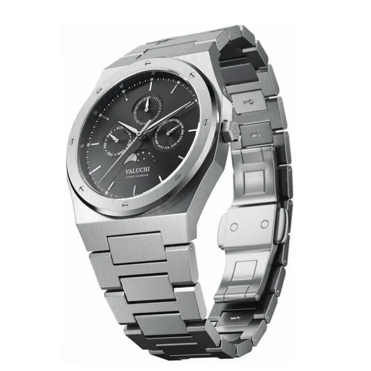 Men's silver Valuchi watch with steel strap Lunar Calendar - Silver Black Automatic 40MM