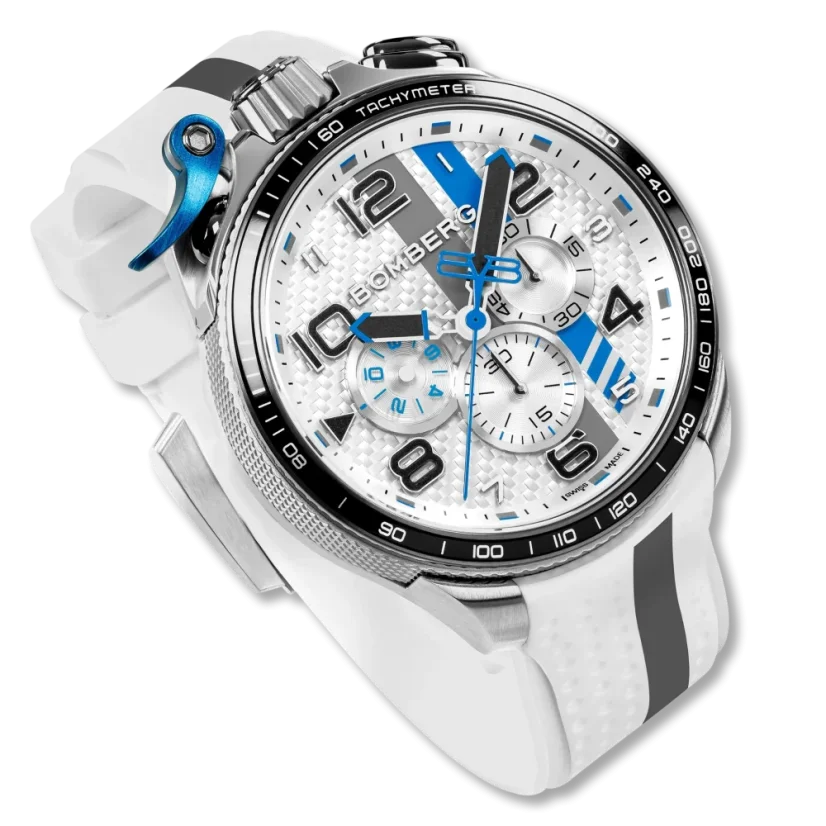 Silberne Herrenuhr Bomberg Watches mit Gummiband Racing YAS MARINA White / Grey 45MM