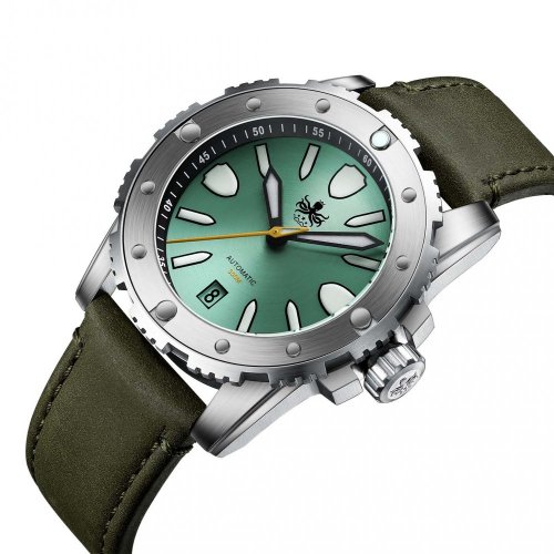 Strieborné pánske hodinky Phoibos Watches s koženým pásikom Great Wall 300M - Green Automatic 42MM Limited Edition