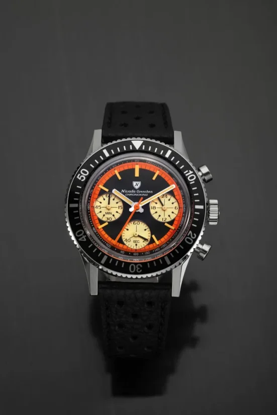 Men's silver Nivada Grenchen watch with rubber strap Chronoking Paul Newman Orange 87034Q01 38MM