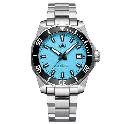 Męski srebrny zegarek Phoibos Watches ze stalowym paskiem Leviathan 200M - PY050B Blue Automatic 40MM