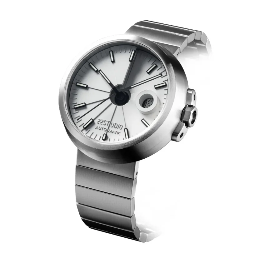 Męski srebrny zegarek 22Designstudio Watches ze stalowym paskiem Concrete Sport Smoky White 45MM Automatic