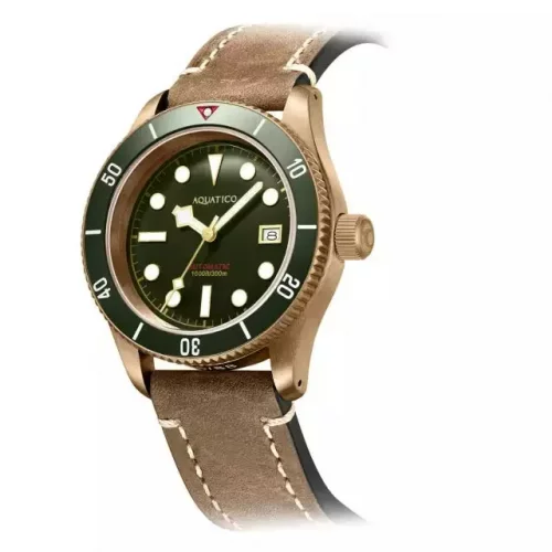 Zlaté pánske hodinky Aquatico Watches s koženým pásikom Bronze Sea Star Military Green Automatic 42MM