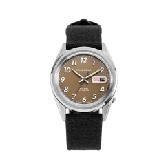 Męski srebrny zegarek Praesidus z taśmą tekstylną Rec Spec - Khaki Black Canvas 38MM Automatic